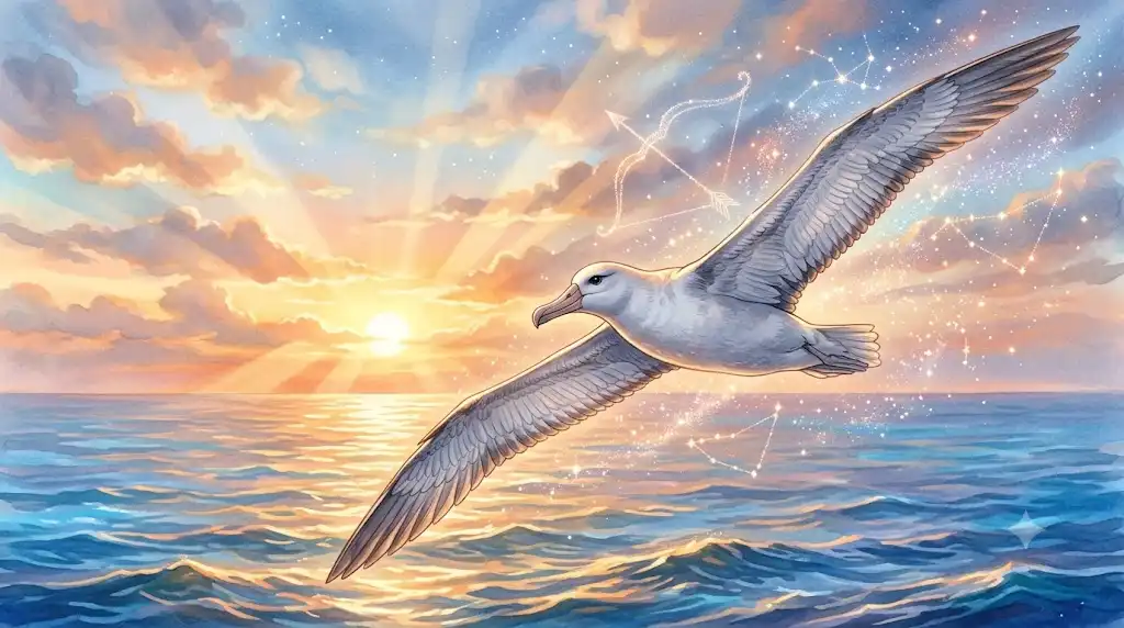 広大な海の上を飛翔するアホウドリと星座の光を描いた神秘的なイラスト