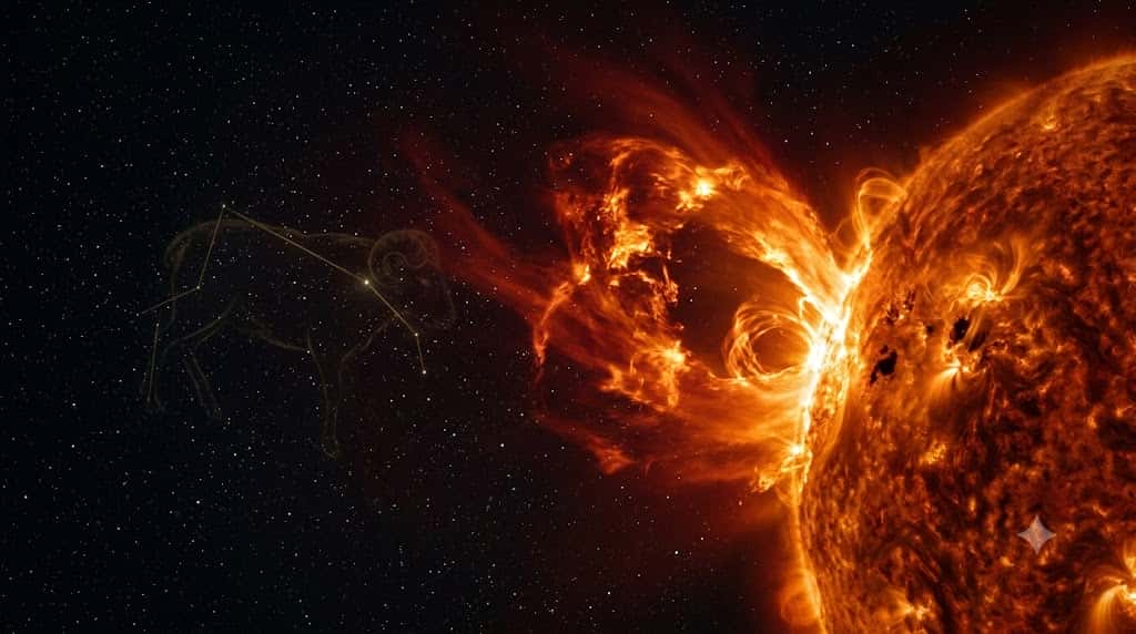 太陽表面から強烈なプラズマ爆発を起こす太陽フレアと牡羊座の薄い星座線描画