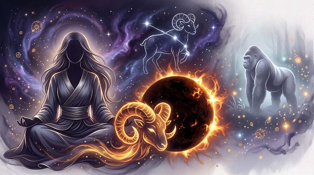 太陽黒点と羊のツノが幻想的に交差する牡羊座のアイキャッチ画像