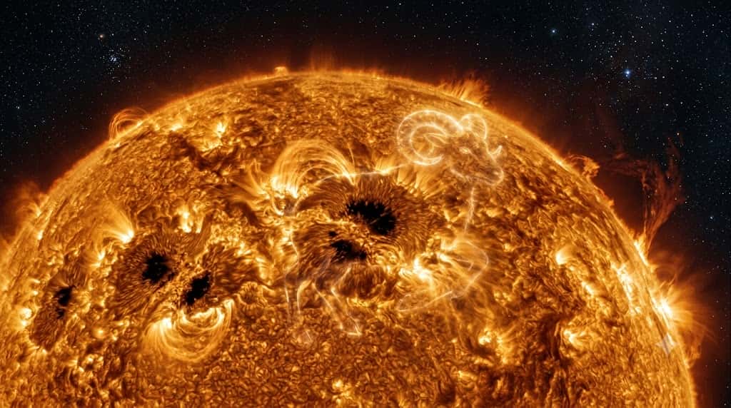 暗い黒点とまぶしい白斑を抱える太陽の表面と牡羊の光芒を描いた宇宙画像