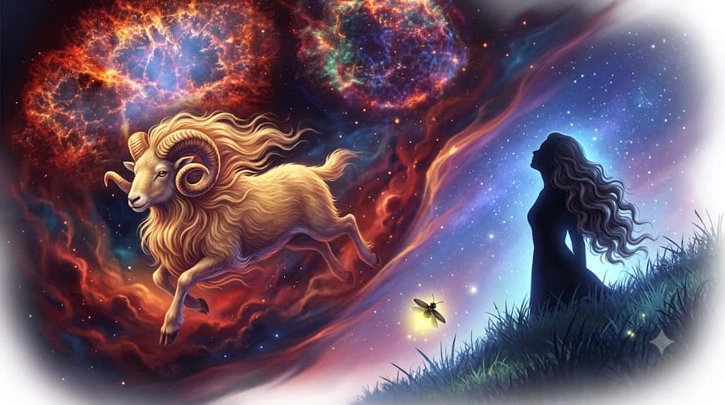 牡羊座、NASAデータ、ホタルを融合させた幻想的なアイキャッチ画像