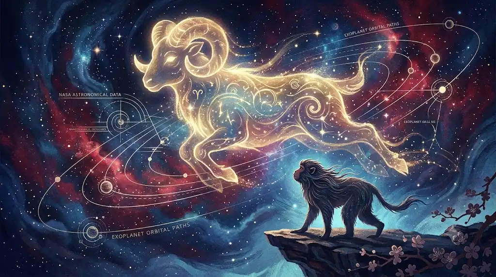 牡羊座の金色の羊、宇宙の軌道、ニホンザルを神秘的に描いたアイキャッチ画像