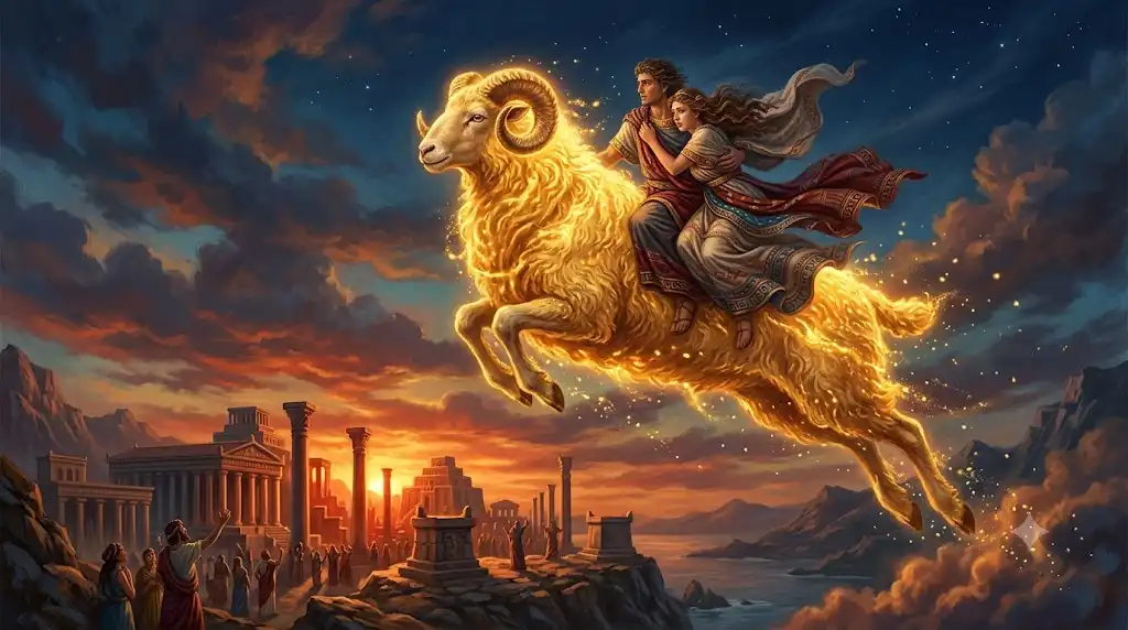 古代バビロニアの神殿と夕空を飛翔する金色の羊を描いた神話イラスト