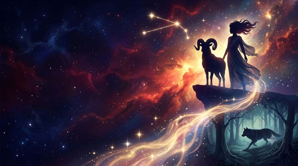 牡羊座の羊のシルエットと宇宙のエネルギーが交差する幻想的なアイキャッチ画像
