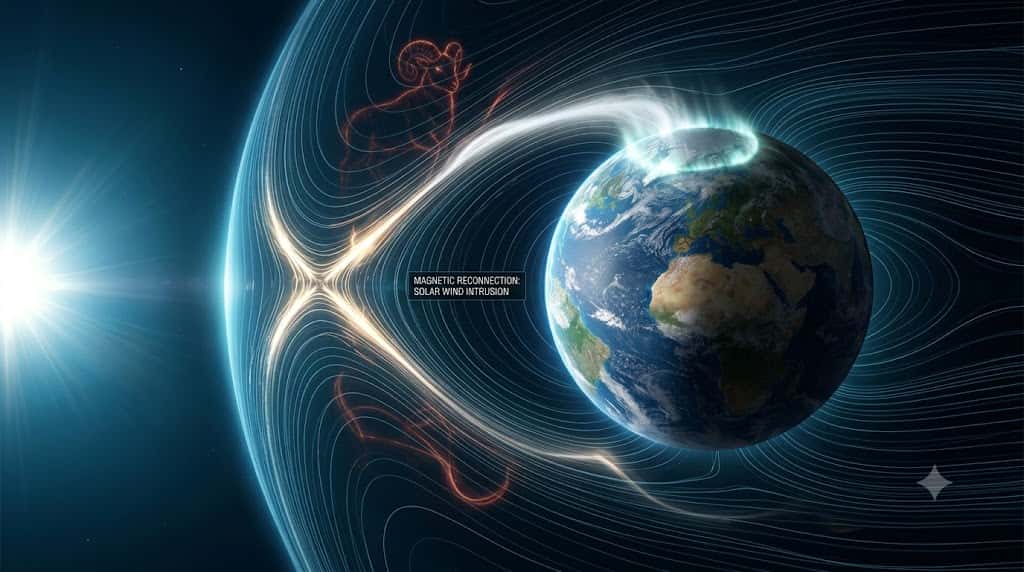 地球の磁気圏バリアを突破する磁気リコネクション現象と鮮烈なオーロラの宇宙画像