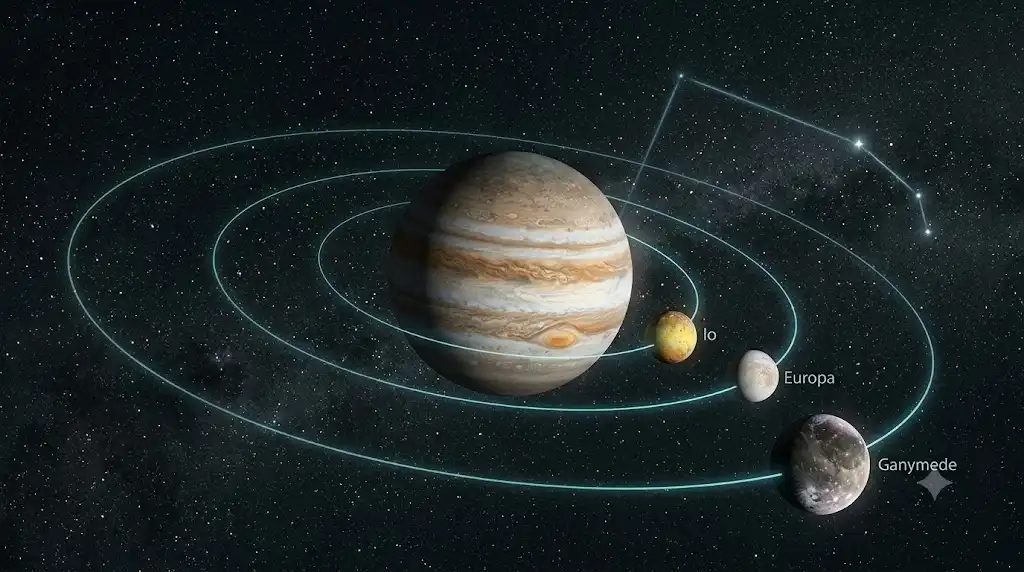 1:2:4の軌道共鳴を描く木星と3つの衛星の科学的な宇宙写真風画像