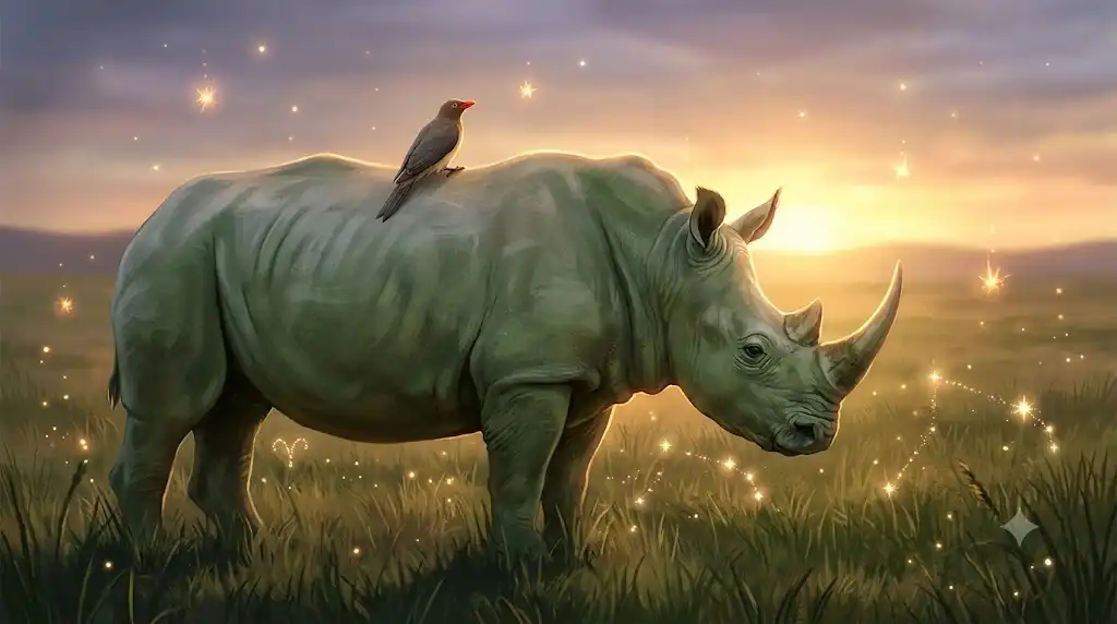 夕暮れのサバンナで共生するウシツツキとサイの神秘的なイラスト