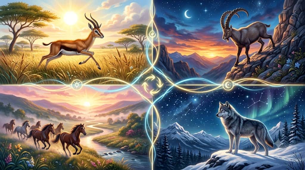 ガゼル、アイベックス、ローンウルフ、野生馬の4種の生き物を四分割配置したマトリックス画像