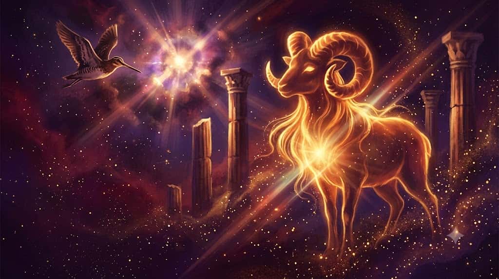 牡羊座の金色の羊と超新星の光芒線を描いた幻想的なアイキャッチ画像
