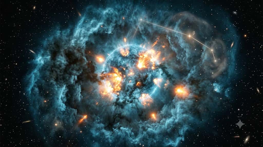 抑えきれず光が漏れ出すIIn型超新星の爆発前兆を描いたリアルな宇宙画像