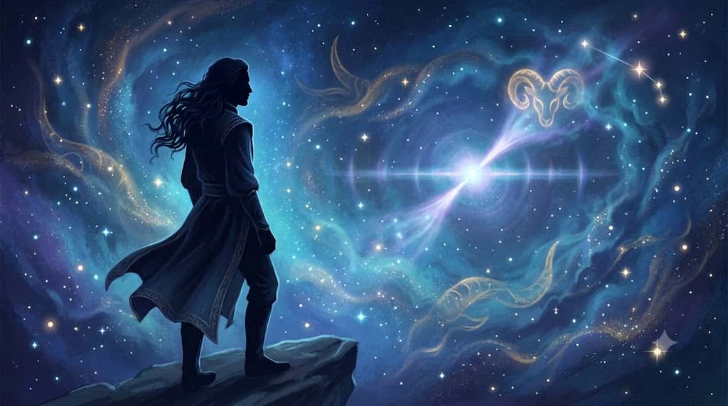牡羊座男性の好意の態度と宇宙の脈動を描いた幻想的なアイキャッチ画像