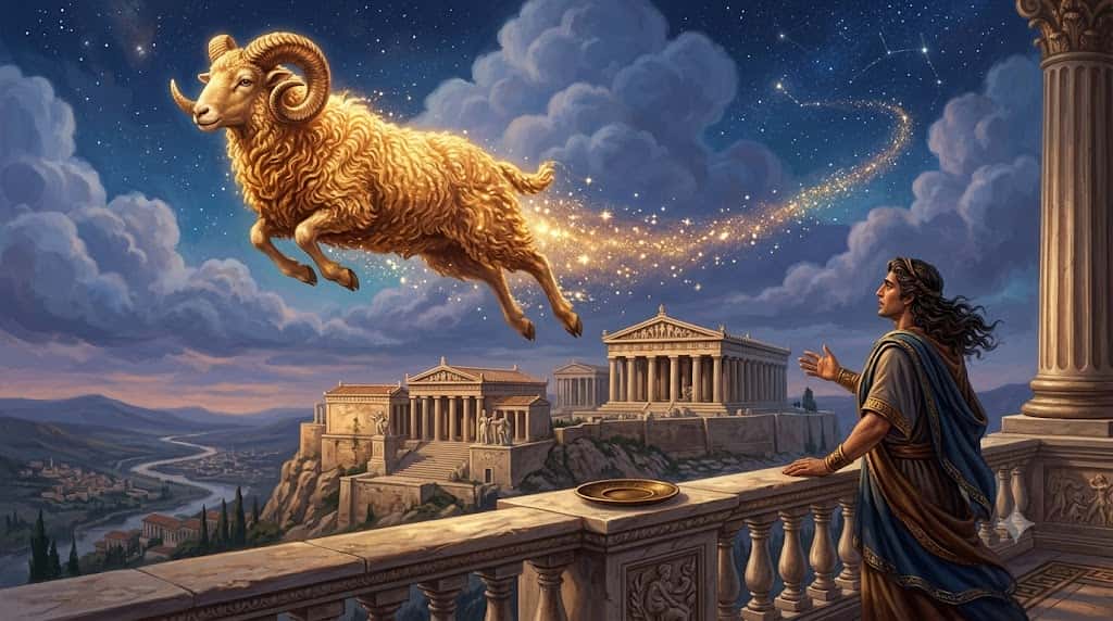 迷いなく空を駆ける金の羊と古代ギリシャの風景を描いた神話イラスト