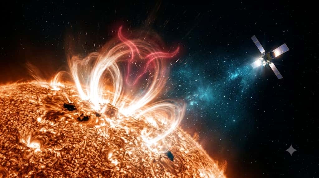 牡羊座の意匠を微かに纏った太陽フレアの強力なエネルギー放出を描いた宇宙画像