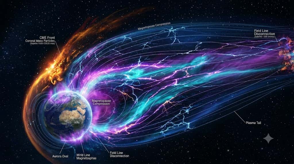太陽風と地球の磁場が衝突し磁気嵐を発生させる様子を描いた宇宙写真風画像