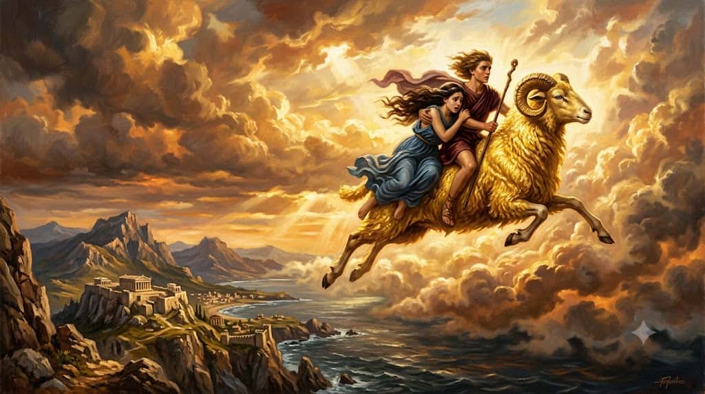 空を駆ける黄金の牡羊ハメルと子供たちを描いたギリシャ神話の幻想イラスト