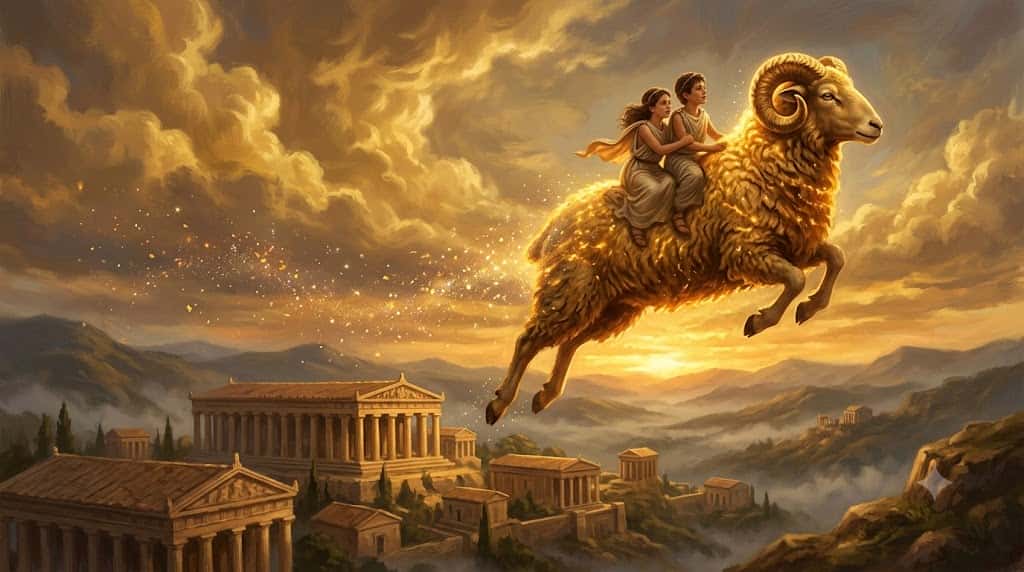 夕暮れの天空を駆ける金の羊ハメルを描いた古代ギリシャ神話の幻想的なイラスト