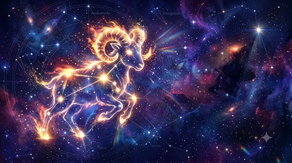 牡羊座の星座線と宇宙の星雲を描いた幻想的なアイキャッチ画像