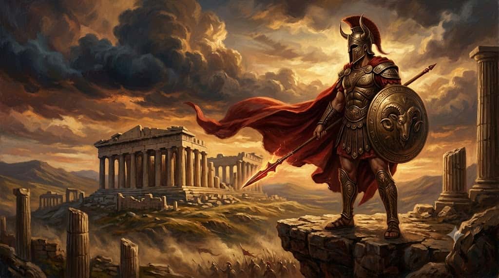 夕暮れの神殿を見下ろす軍神マルスの姿を描いたギリシャ神話の絵画