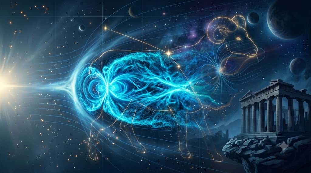 地球のプラズマシート圧縮現象と牡羊座の星座線を組み合わせた科学的宇宙画像
