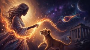 牡羊座の火のエネルギーと幼いライオンの甘噛みを幻想的に描いたアイキャッチ画像