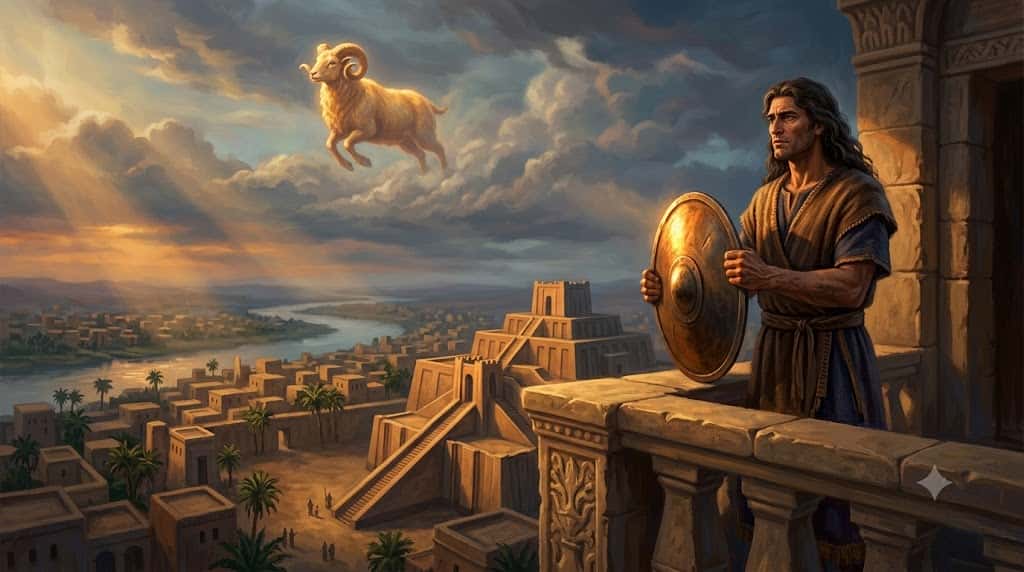 古代バビロニアの神殿で黙々と役目を果たす労働者と金の羊を描いた挿絵