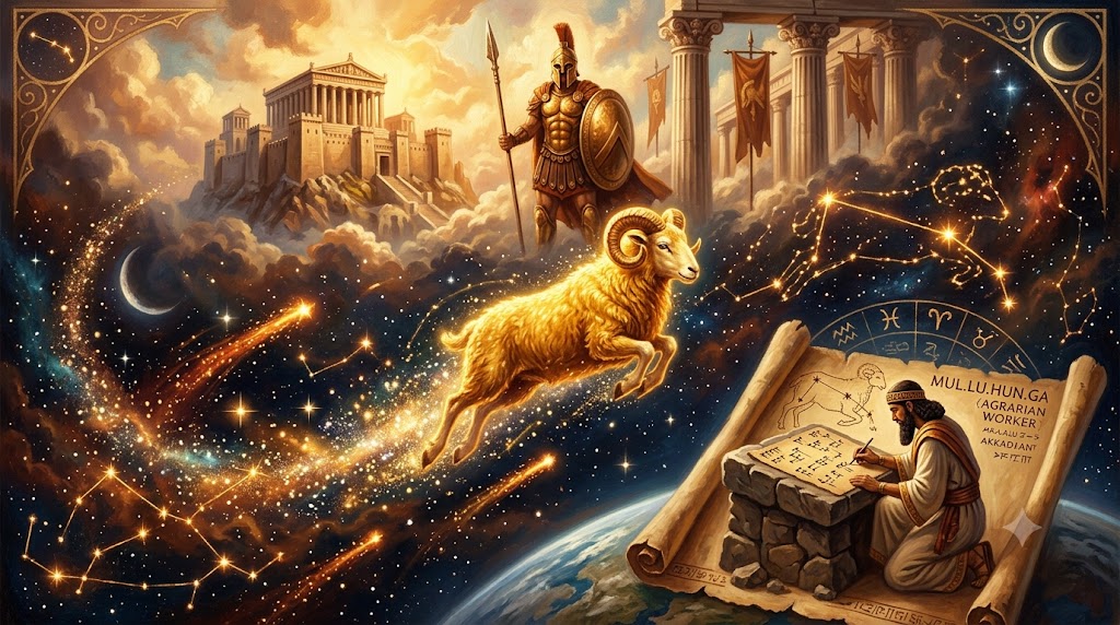 金の羊・火星神・バビロニア星図の神話を1枚に融合した古代風の寓意画