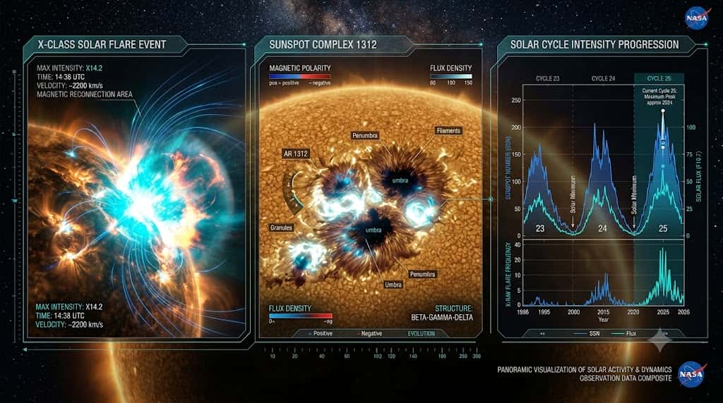太陽フレアや磁気リコネクション、黒点観測データを統合したNASA風サイエンス画像