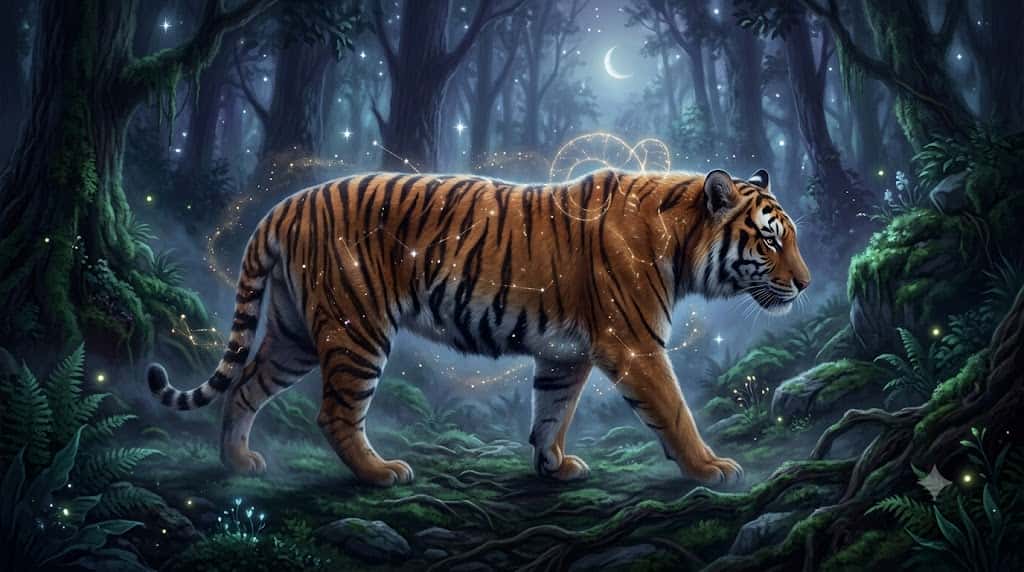 霧の森を一人静かに歩むトラと星空の輝きを描いた神秘的な生き物イラスト