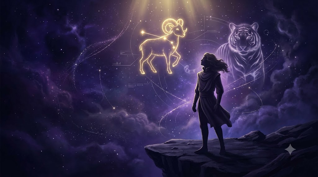 孤高に夜空を見上げる牡羊座のシルエットと宇宙を描いたアイキャッチ画像