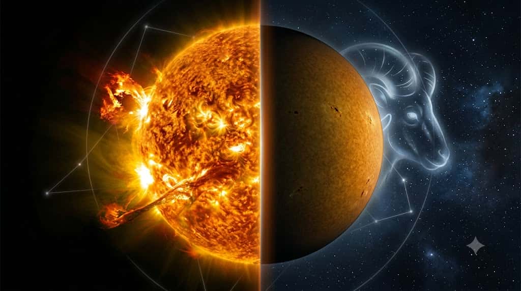 激しい極大期から静穏期へと移行する太陽活動と地磁気変動を表現した宇宙画像