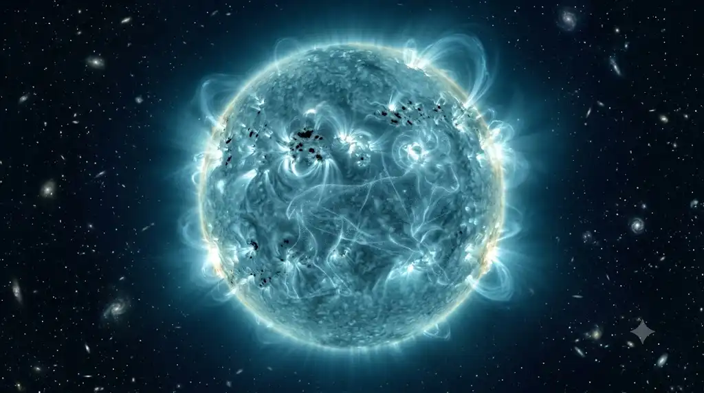 太陽上昇期の黒点生成と太陽フレアに描かれた牡羊座の宇宙画像