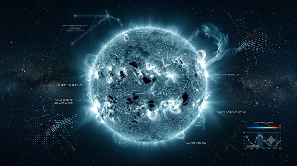 太陽活動周期のソーラーサイクルと背景にほのかに浮かぶ牡羊座の科学ビジュアル