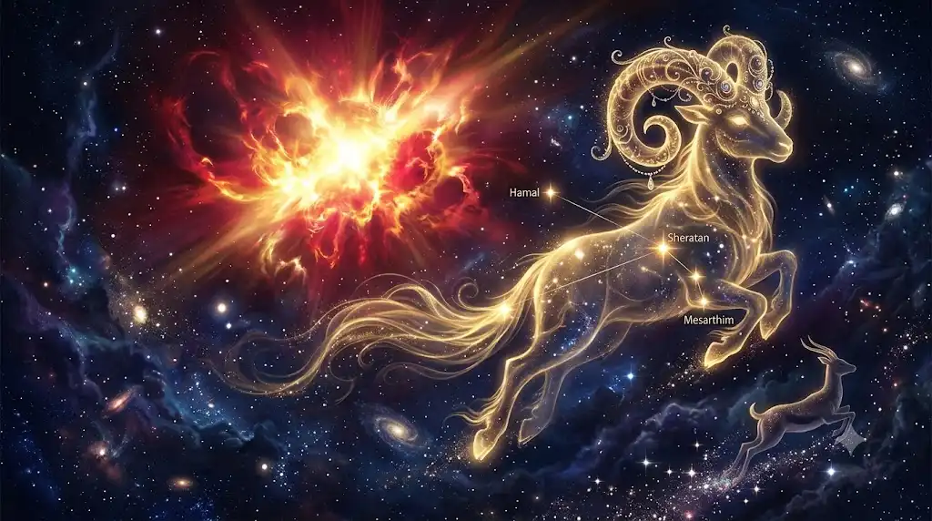 太陽極大期の宇宙と金の羊のシルエットを描いた牡羊座のアイキャッチ画像