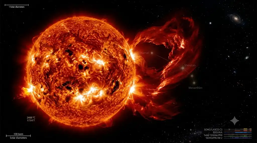 太陽の極大期に発生する強力なソーラーフレアと黒点を捉えた実写風宇宙画像