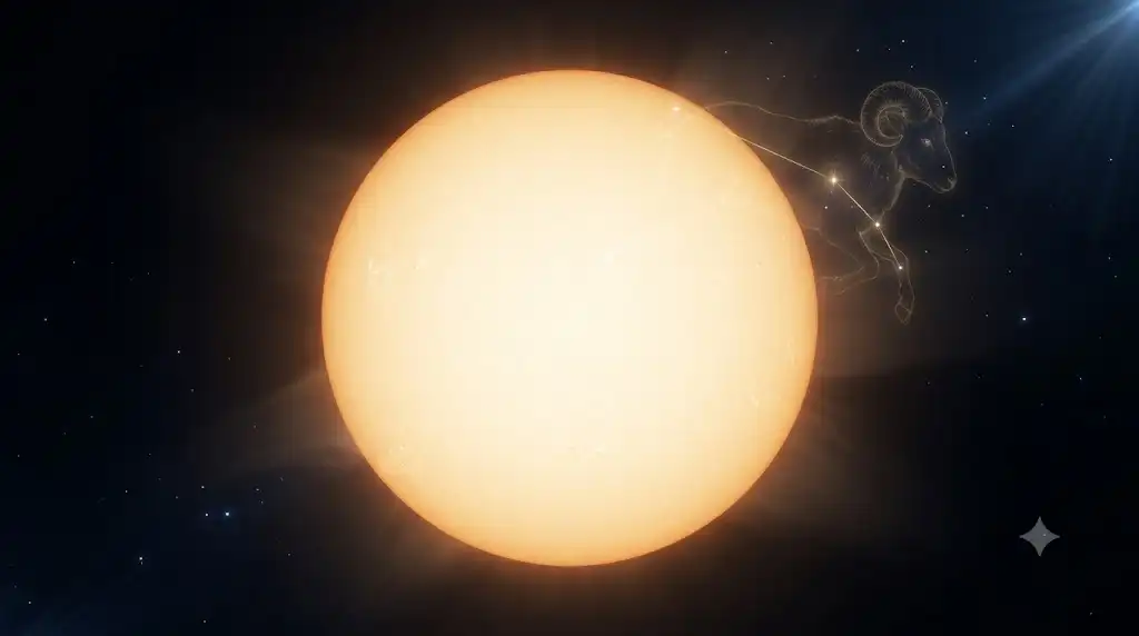 太陽極小期の静穏な太陽と牡羊座の星座線を表現した宇宙画像