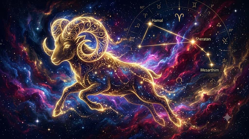 深宇宙を背景に輝く牡羊座の金色の羊と星座線を描いたアイキャッチ画像