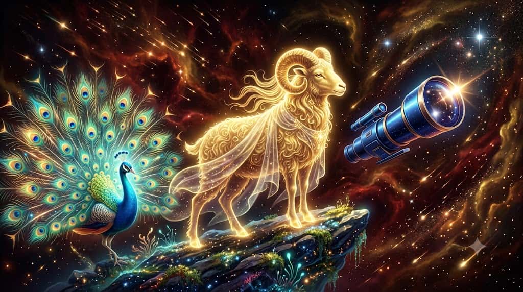 牡羊座の黄金の羊とNASAの重力レンズ現象とクジャクを描いたアイキャッチ画像