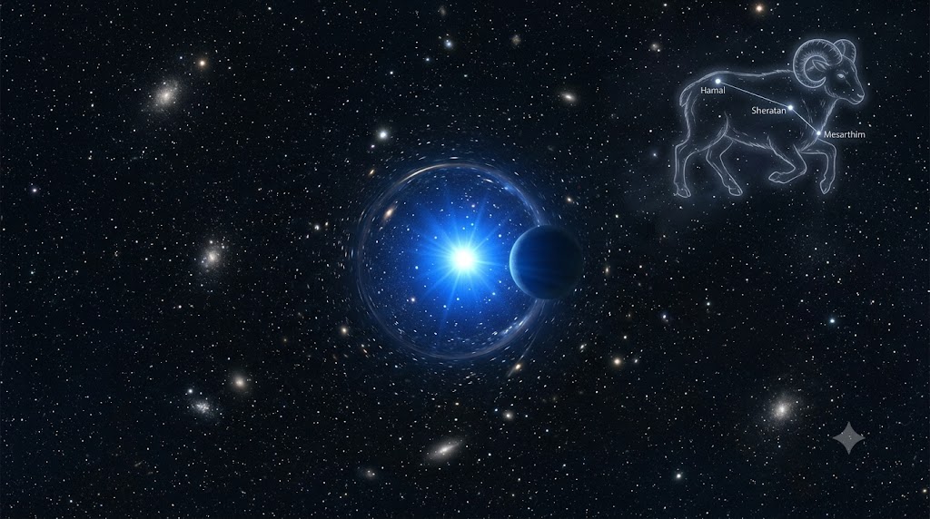 一瞬の光の増幅を捉える重力マイクロレンズ現象と牡羊座のラインを描いた宇宙画像