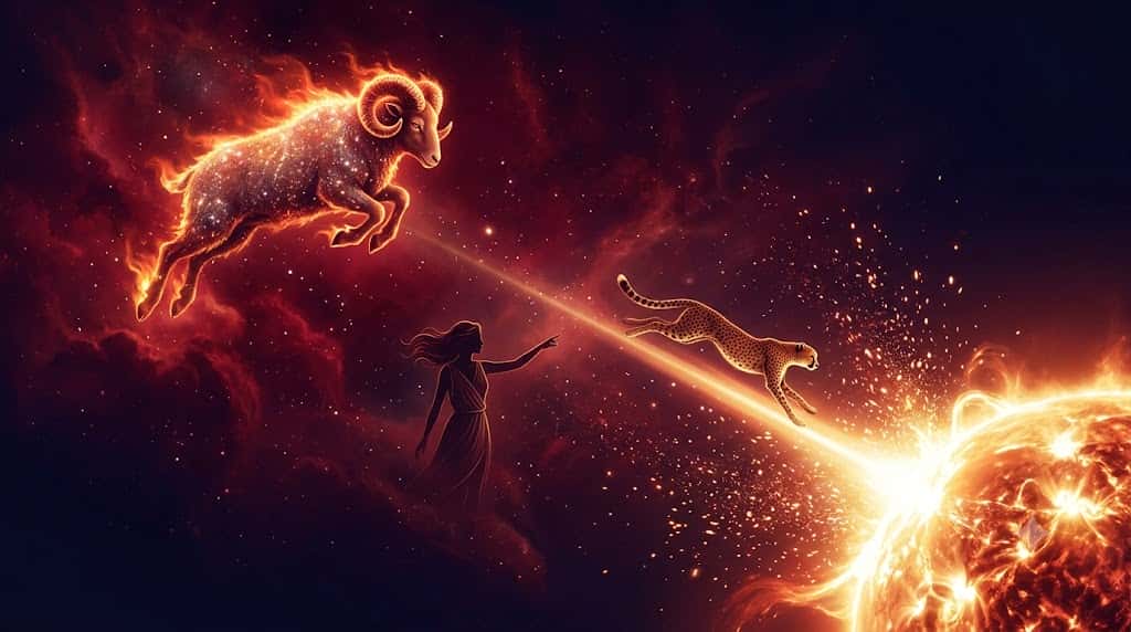 牡羊座の星座と太陽フレア・チーターの疾走を描いた幻想的なアイキャッチ画像