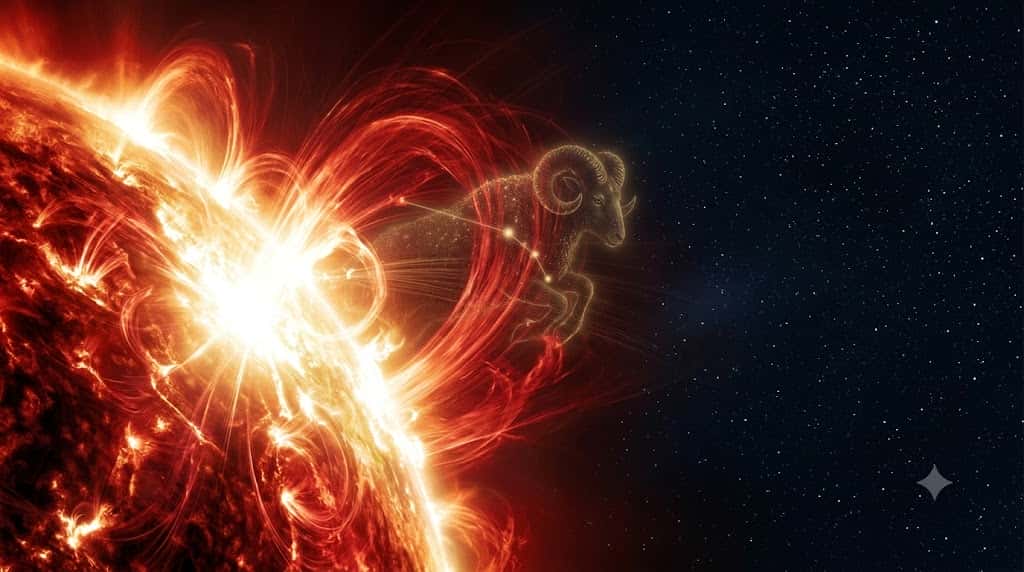 太陽表面から巨大なエネルギーを放出する太陽フレアと牡羊座の光の線描画像