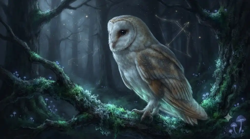 暗闇の中でかすかな音を聞き分けるメンフクロウを描いた幻想イラスト