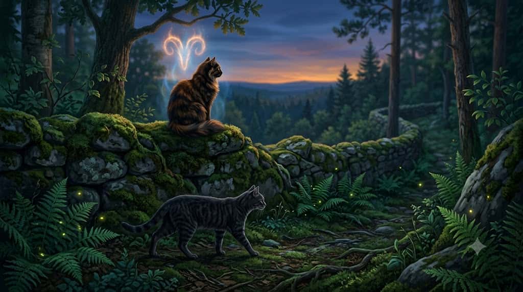 縄張りの外で互いに視線をそらして無視し合う猫の様子を描いた神秘的なイラスト
