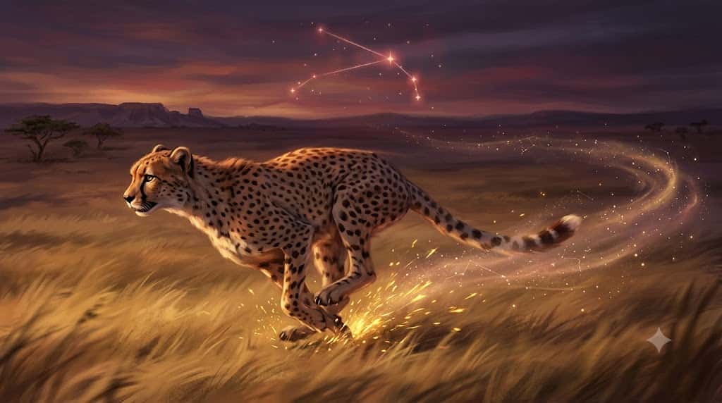 夕暮れのサバンナを爆発的なスピードで疾走するチーターと牡羊座の光の挿絵