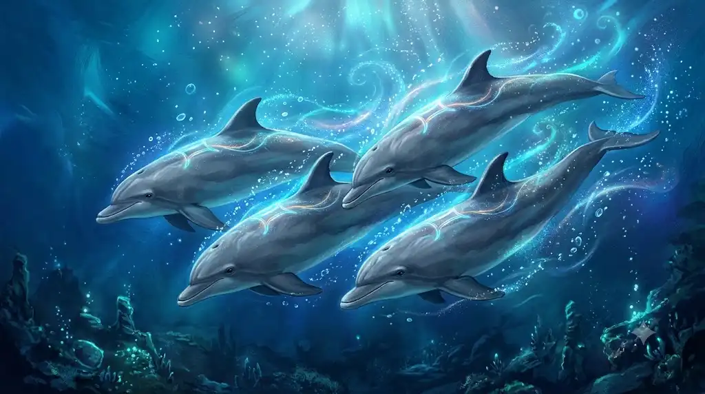 神秘的な光が差し込む海を自由に泳ぐイルカの群れと双子座のシンボルを描いたイラスト