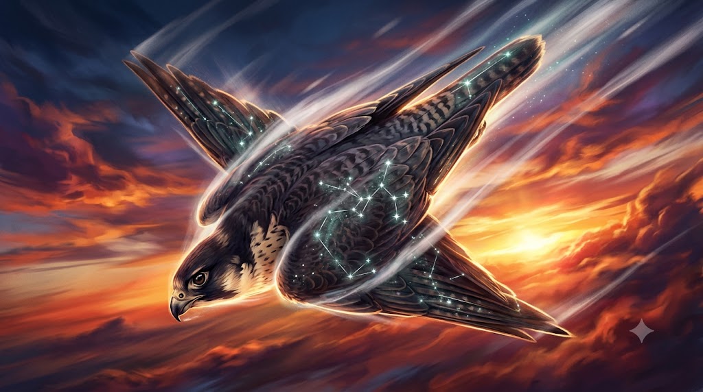 星座の光をまとって急降下するハヤブサをクローズアップで描いた神秘的なイラスト