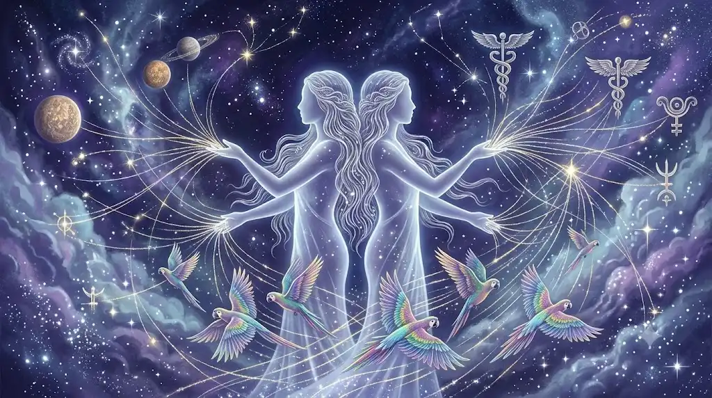 双子座の双子と宇宙、神話、ヨウムの要素が繋がる幻想的なアイキャッチ画像