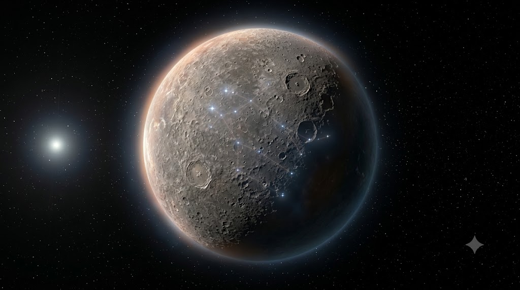太陽風によって形成される水星の外気圏と、かすかに浮かぶ双子座の模様を描いた宇宙画像