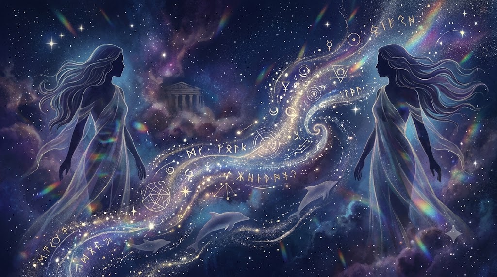 双子座の「センス」を、神話、宇宙現象、生き物の要素で描いた幻想的なアイキャッチ画像