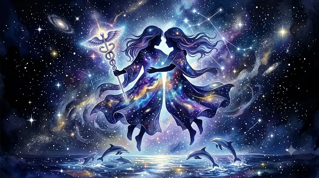 双子座と水星、イルカを融合した幻想的なアイキャッチ画像