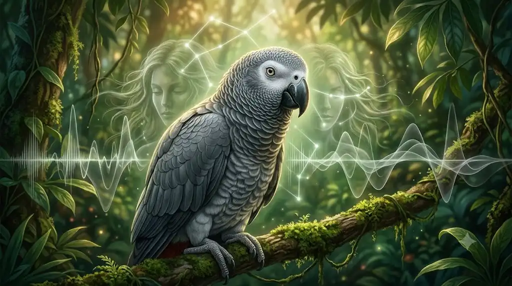 双子座の神秘的な光を背景に、森で多様な音を聞くヨウムの幻想的なイラスト